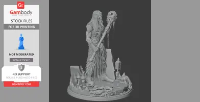A skeletal figure with long hair holding a staff topped with a skull, standing on a detailed base.