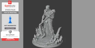 A skeletal figure with long hair and draped clothing, holding a staff and standing on a detailed, ornate base.