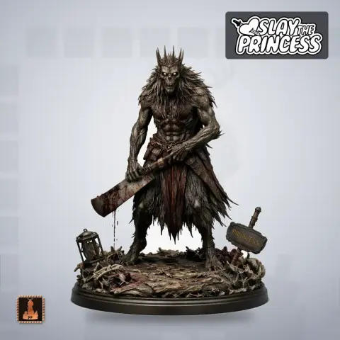 Fierce, spiky-haired beast character with a large sword and rugged attire on a detailed diorama base.