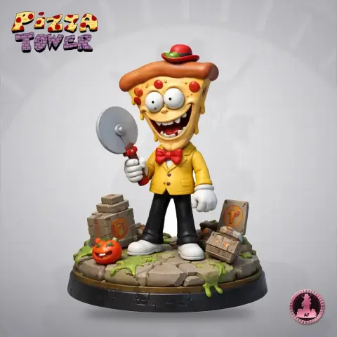 Pizza slice character with a bow tie and hat, holds a pizza cutter, standing on a themed base.