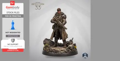 A detailed 3D character figure holding a rifle, standing on a rocky base with gears and vegetation.