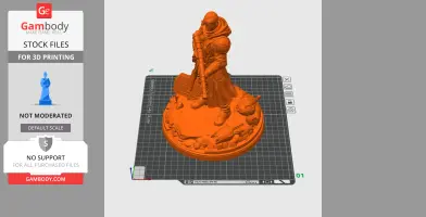 A 3D model of a cloaked figure with a staff on a detailed base with various objects.