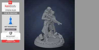 A detailed 3D model of a character in a coat, holding a rifle, standing on a decorative base.