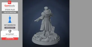 A character in a cloak holding a rifle, standing on a detailed base with scattered objects.