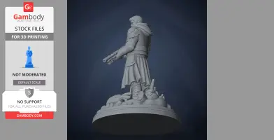 A cloaked figure in armor stands on a detailed base, holding a weapon, with gear at their feet.