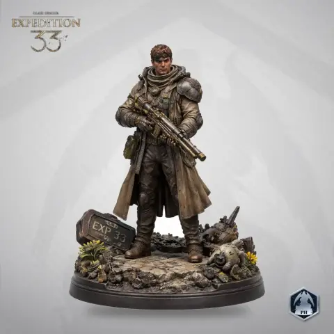 A rugged character in a detailed outfit, holding a rifle, stands on a rocky base with gear and foliage.