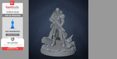 A detailed character figure holding a rifle, standing on a decorated base with equipment and debris.