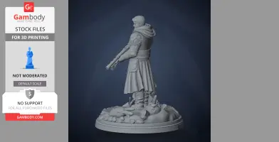 A detailed 3D model of a cloaked character with a rifle, standing on a decorative base.