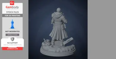 A 3D model of a cloaked character standing on a detailed base with scattered equipment.