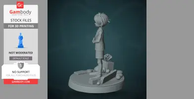 3D model of a young character standing on a decorative base with various objects around.
