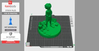 3D model of a young character with spiky hair, holding an object, standing on a decorated base.