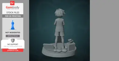 3D model of a boy figure standing, back view, on a textured base with objects.