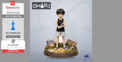 A figure of a black-haired boy holding a knife, standing on a detailed grassy base with toys and signs.