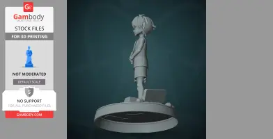 A 3D figure of a young boy with short hair holding an item, standing on a round base.