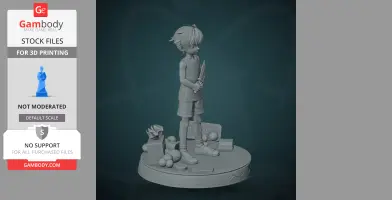 A 3D model of a child-like figure holding a knife, standing on a base with various objects around.