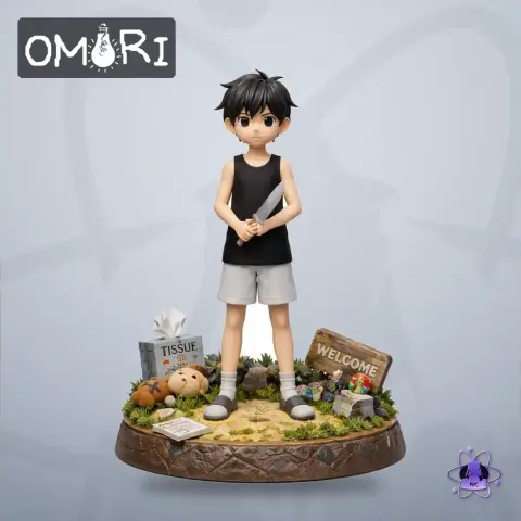 Young character holding a knife, standing on a detailed base with plants, welcome sign, and tissue box.