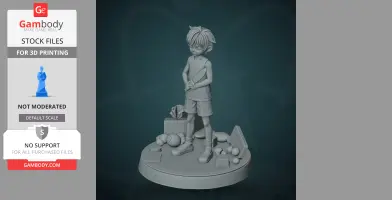 A detailed 3D figure of a boy holding a bat, standing on a base with items like toys and books.