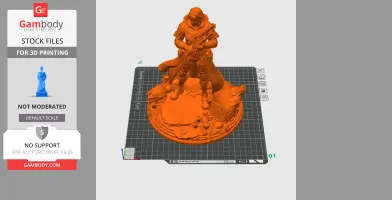 A detailed character figure wearing a cloak, holding a rifle, standing on a themed base with various objects.