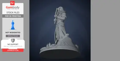 A cloaked character with a rifle stands on a detailed base with bottles and ropes.