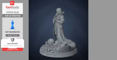 A figure in a detailed cloak holding a scroll, surrounded by objects on a decorative base.