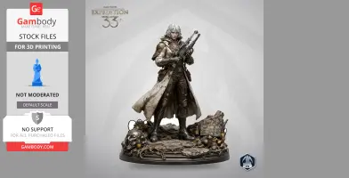 A detailed character figure in a long coat holding a weapon, standing on a designed base with skulls and debris.