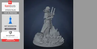 Hooded figure holding dual-barreled firearm, standing on detailed base with skull and bottles.