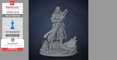 A detailed character figure in a heroic pose, holding a weapon, with various items at the base.