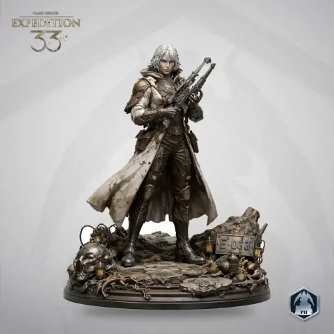 A detailed character figure with long coat and rifle, standing on a textured base with various objects.