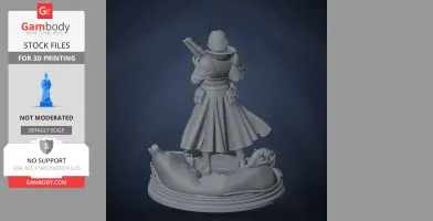 A cloaked figure with a rifle on a detailed base, viewed from behind.