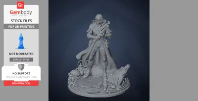 A cloaked figure with a rifle stands on an ornate base featuring various objects and textures.