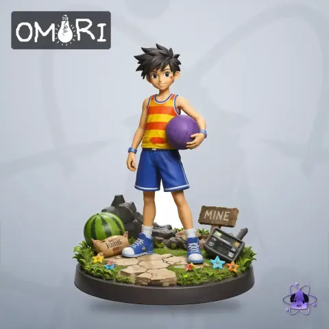 Youthful character in a striped tank top and shorts holding a ball on a detailed, game-themed base.
