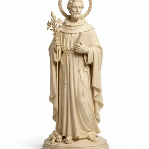 A detailed 3D statue of a robed saint holding lilies with a halo, designed for 3D printing.