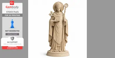 A detailed statue of a medieval saint holding a staff and book, wearing ornate robes and a mitre.