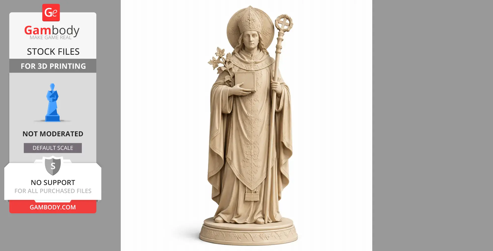 A detailed statue of a medieval saint holding a staff and book, wearing ornate robes and a mitre.
