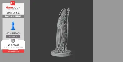 A detailed statue of a robed figure holding a staff, standing on a ornate circular base.
