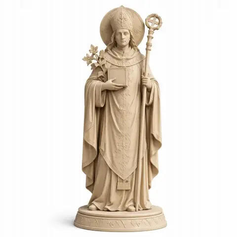 A detailed statue of a robed saint holding a staff and flowers, designed for 3D printing.