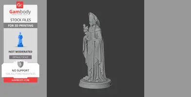 3D model of a robed saint holding a book and branch, standing on a detailed circular base.