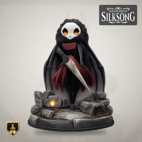 Spider-like character figure with white face, red scarf, and rock base, inspired by Hollow Knight: Silksong.