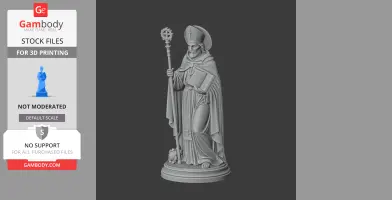 3D model of a robed saint holding a staff and book, standing on a round base.