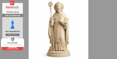 A detailed 3D model of a saint holding a staff and book, wearing a robe and mitre.