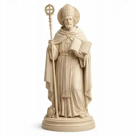 A 3D printed statue of a robed religious figure holding a staff and book, standing on a round base.