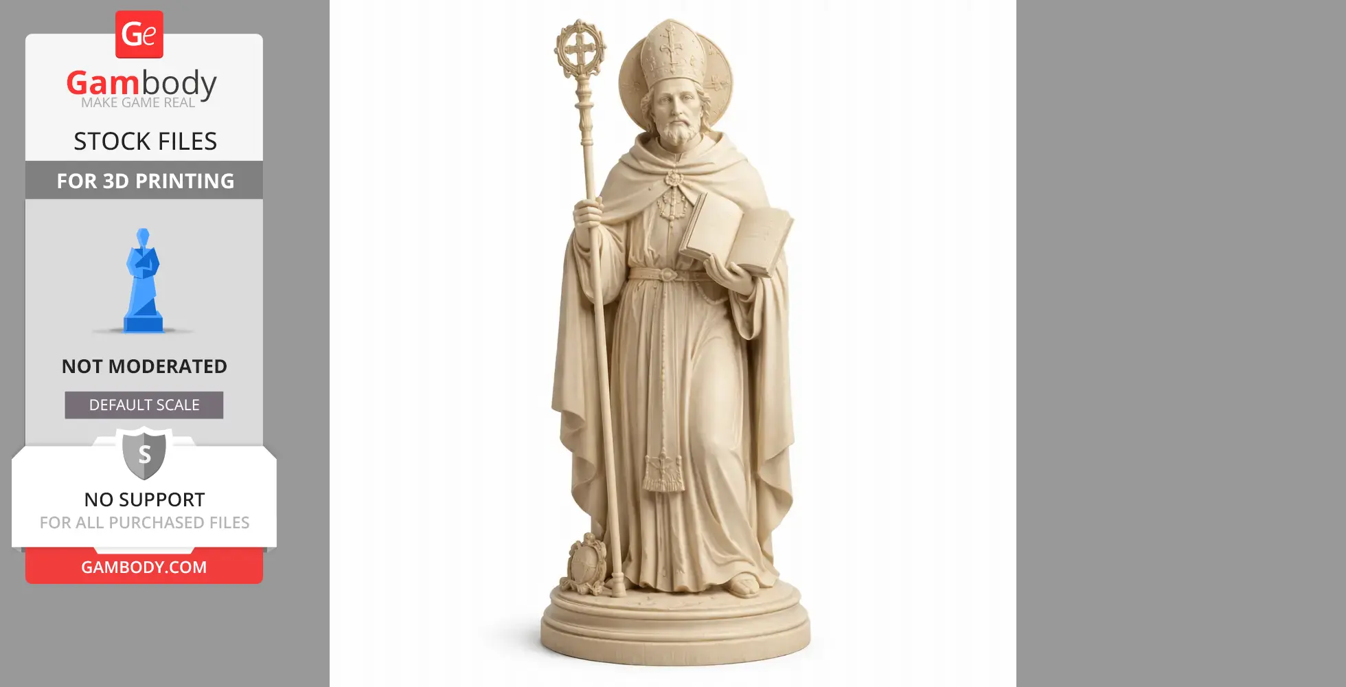A detailed 3D model of a saint holding a staff and book, wearing a robe and mitre.