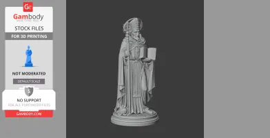 3D model of a bishop holding a staff and book, adorned in robes and mitre, on a circular base.