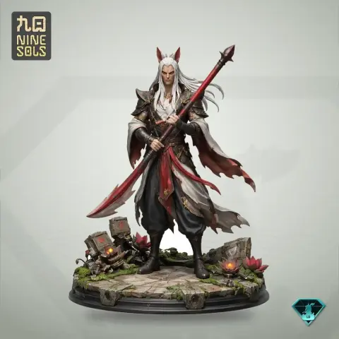 A warrior figure with long hair and horns, holding a red-edged sword, stands on a decorated base.