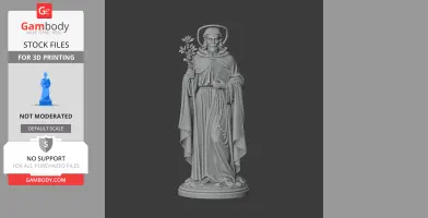 A saintly figure holding a book and flowers, wearing a halo and robe, stands on a detailed base.