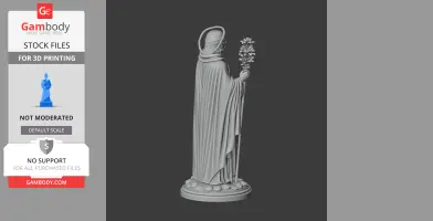 A devotional statue of a hooded figure, holding a branch, standing on a round base.