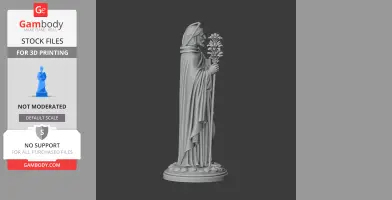 A 3D model of a hooded figure holding a staff with flowers, standing on a detailed pedestal.