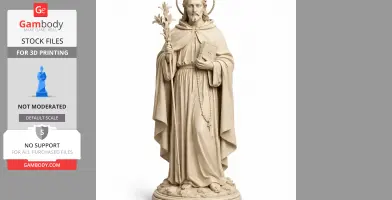 A detailed statue of Saint Albert of Trapani holding lilies and a book, wearing a robe with a rosary.
