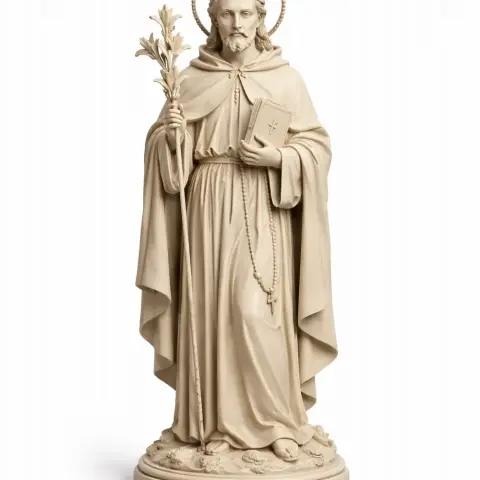 A statue of Saint Albert of Trapani, holding lilies and a book, in a flowing robe with a halo.