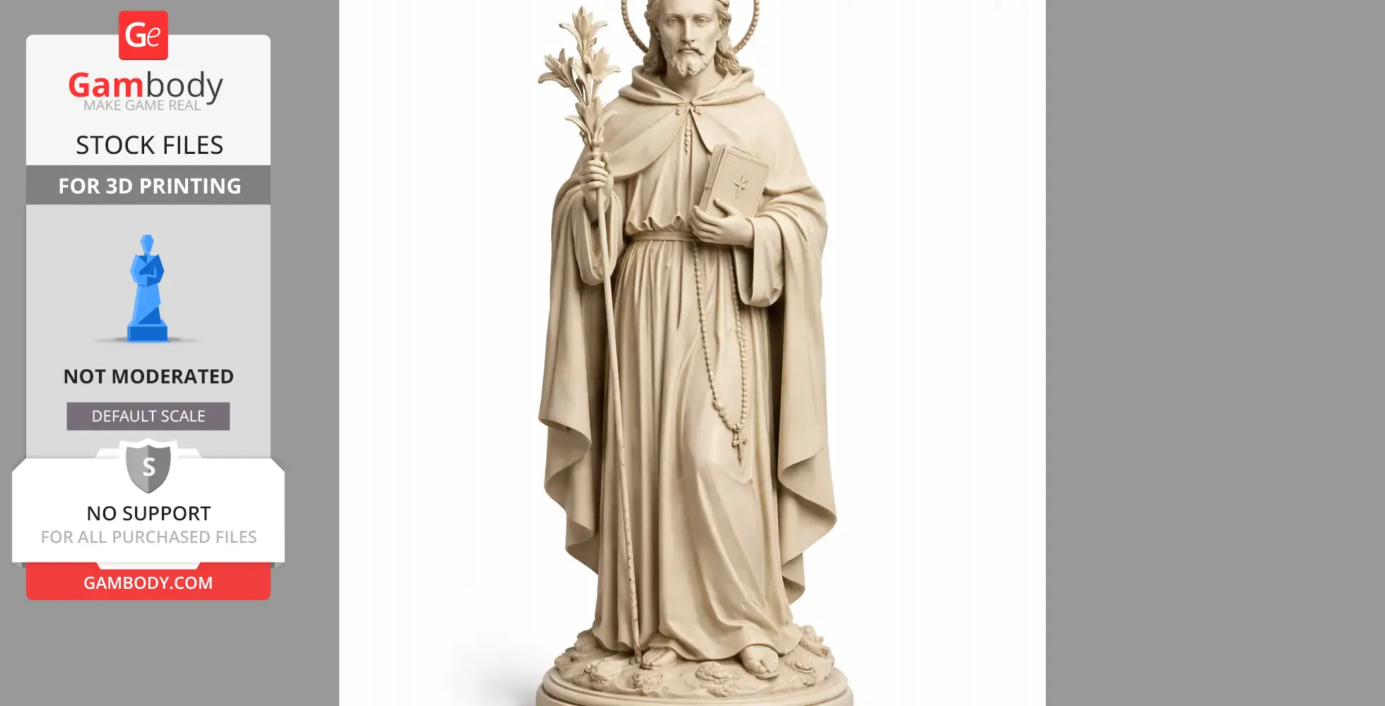 A detailed statue of Saint Albert of Trapani holding lilies and a book, wearing a robe with a rosary.